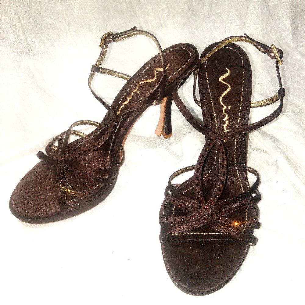 Nina Brown Bedazzled Strappy Strap up Slingback Sandals Size US 8.5 EU 38.5